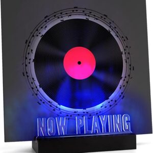 Now Playing Vinyl Record Stand,Light Up Wooden Album Display Holder with Acrylic Sign, Multi Color LED Now Spinning Hip Hop Record Wood Rack,LP Record Player Accessories Gift