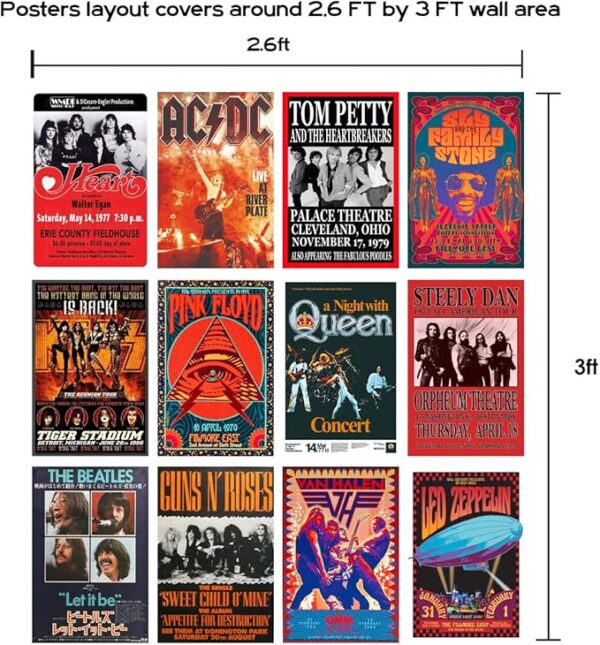 Woonkit Vintage Rock Band Posters for Room Aesthetic, 70s 80s 90s Retro Music Room Wall Bedroom Decor Art, Vintage Rock Concert Poster Wall Collage, Old Music Album Cover Prints (12 SET B, 7.8X11.8 INCH) - Image 2